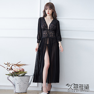 久慕雅黛 蕾絲緞帶深V薄紗長裙睡衣