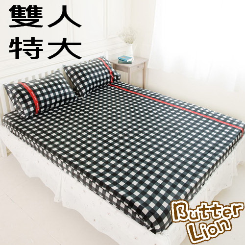 【奶油獅】格紋系列-台灣製造-100%精梳純棉床包三件組(黑)-雙人特大7尺