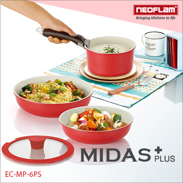 韓國NEOFLAM Midas Plus系列 陶瓷不沾鍋具組6件式(EC-MP-6PS)日出紅