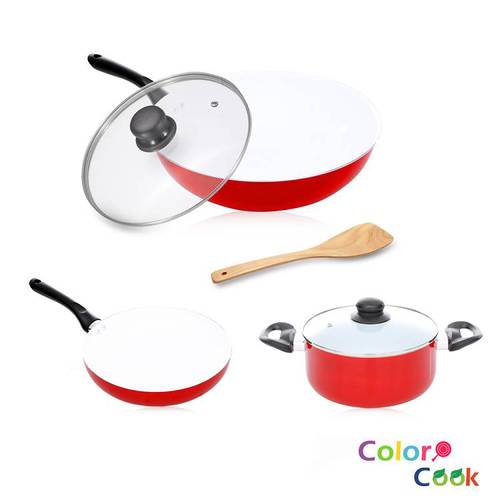 【Color Cook】法拉利紅白陶瓷不沾鍋具組(3鍋2蓋1鏟)