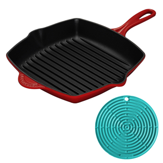 LE CREUSET 鑄鐵單柄 26cm 方烤盤 (櫻桃紅) + 耐熱矽膠隔熱墊(加勒比海藍)