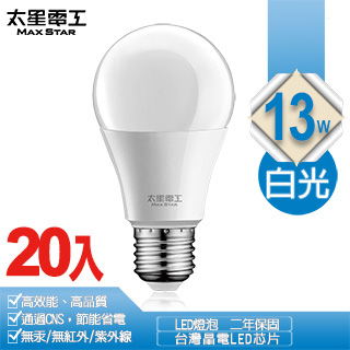 【太星電工】13W超節能LED燈泡/白光(20入) A813W