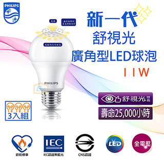 【Philips 飛利浦】新一代舒視光LED球泡/燈泡 E27 11W 白光晝光可選 3入組