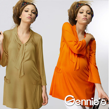 Gennie’s奇妮 都會新貴‧綁帶領質感孕婦長版上衣(C3W03)