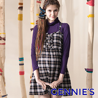 Gennie’s奇妮可愛甜美經典格紋秋冬孕婦背心洋裝(藍G3406)