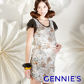 Gennie’s奇妮 幾何花卉星鑽春夏孕婦洋裝-墨綠(G1112)