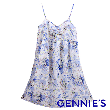 Gennies奇妮 沁藍雪紡春夏無袖洋裝-藍(G1333)