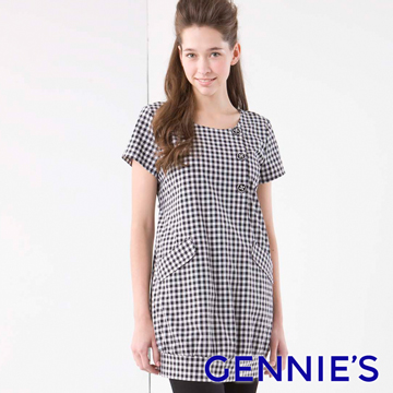 Gennie’s奇妮個性服飾格紋春夏孕婦哺乳洋裝-細灰格紋(GNA11)