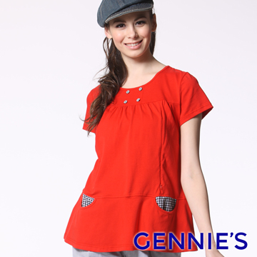 Gennie’s奇妮俏皮公主格紋口袋春夏哺乳上衣-淺卡(GNA40)