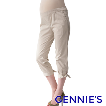 Gennie’s奇妮 簡約蝴蝶結綁帶造型春夏孕婦七分褲-卡其(G4V82)