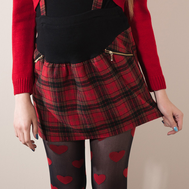 red plaid skirt with suspenders