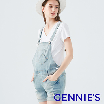 Gennies奇妮 美式復古刷破牛仔吊帶短褲-淺牛仔藍/深牛仔藍(TJD01)