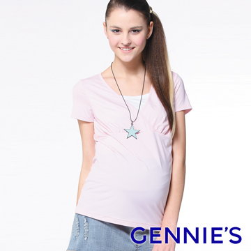 Gennie’s奇妮 假兩件舒爽涼感紗春夏孕婦上衣-粉(G3705)