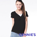 Gennie’s奇妮 假兩件舒爽涼感紗春夏孕婦上衣-黑(G3705)