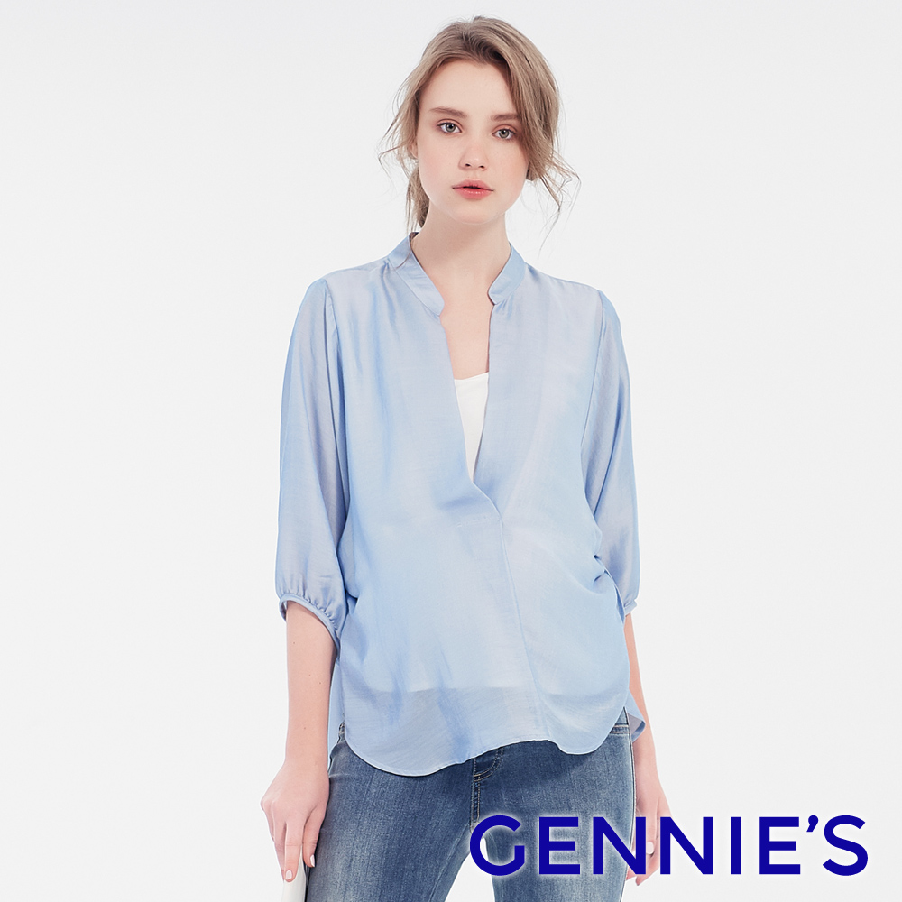 Gennies奇妮 天絲涼感立領哺乳衣-水藍(T3F11)