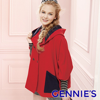 Gennies奇妮-時尚七分袖斗篷連帽外套(紅)H6808