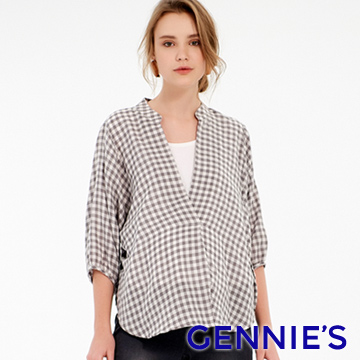 Gennies奇妮 純棉格紋立領燈籠袖哺乳衣-灰白格(T3F05)