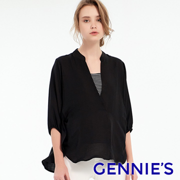 Gennies奇妮 純色拼接條紋立領燈籠袖哺乳衣-黑(T3F05)