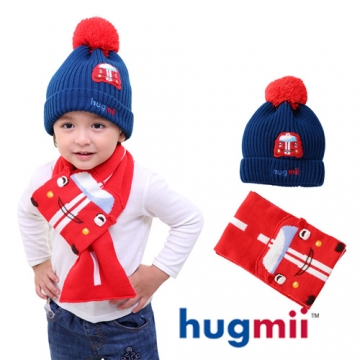 【hugmii】兒童單色毛球帽及圍巾組_賽車