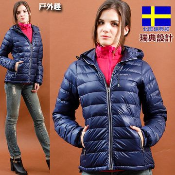 【北歐-戶外趣】瑞典款極地水鳥羽絨 Jis90/10 Extra Light女款極輕量連帽外套(PL-1602深藍)