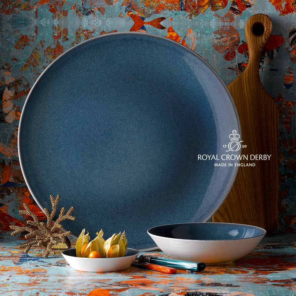 英國Royal Crown Derby-Art Glaze藝術彩釉系列-22.5CM義式餐碗&amp;27cm 盤-滄藍