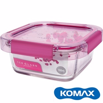 KOMAX 冰鑽方形強化玻璃保鮮盒 粉 760ml (59851 S2)