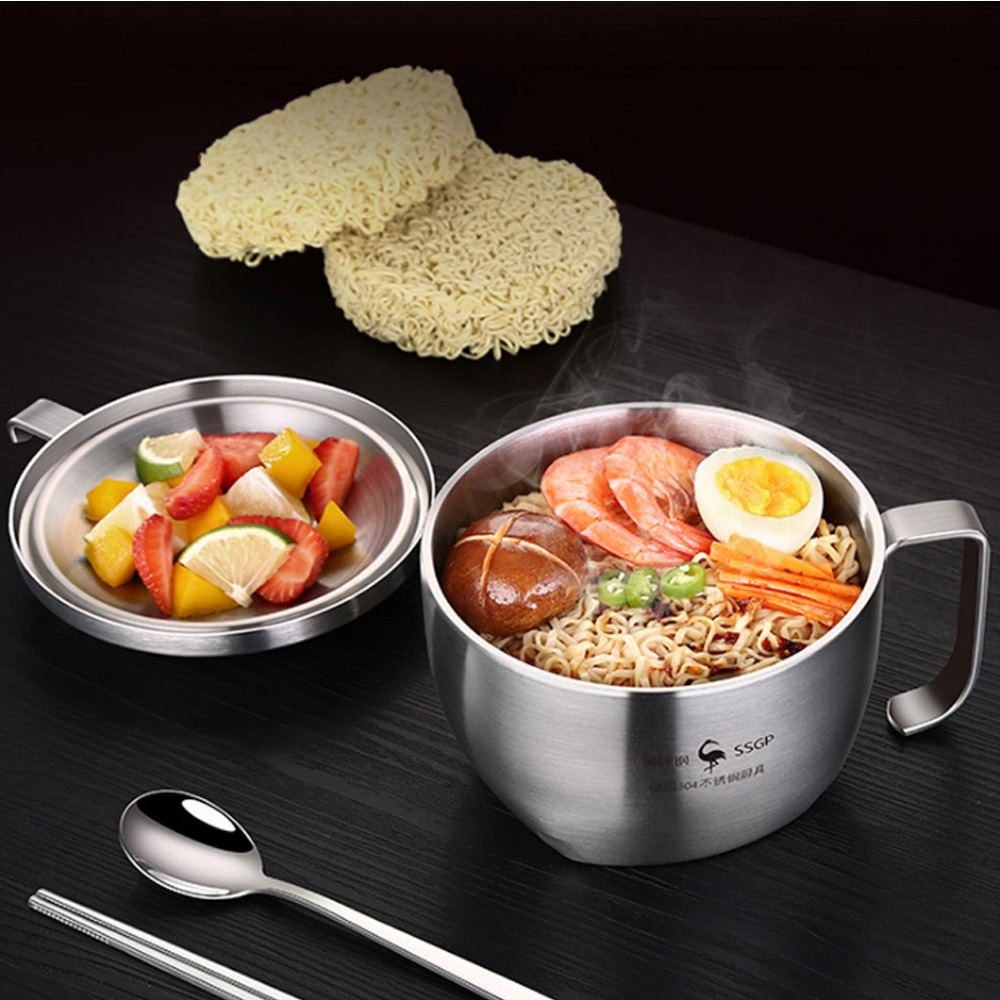 PUSH!餐具用品304不銹鋼帶把帶蓋泡麵碗速食麵碗湯碗大號飯碗便當飯盒E140