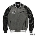 MLB-洛杉磯道奇隊毛料仿皮袖合身連帽拼接棒球外套-麻灰(男)