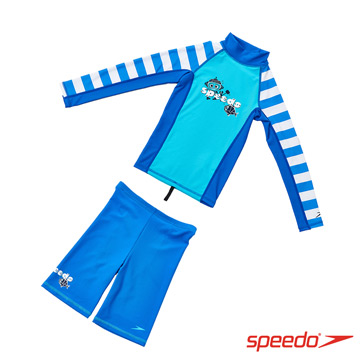 SPEEDO 兒童長袖防曬衣褲組 Pulse 藍