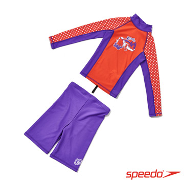 SPEEDO 兒童長袖防曬衣褲組 Pulse 紅