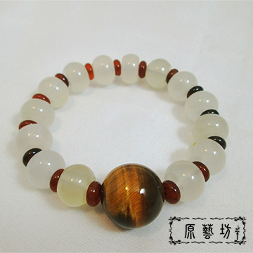 【原藝坊】虎眼石+白玉髓手珠開運手鍊(白玉髓直徑14 mm)增強氣場,消除負能量