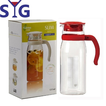 SYG精緻玻璃耐熱涼水壺1215cc-紅蓋(刻度)