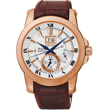 SEIKO 精工 SNP096J1@7D56-0AB0P Premier系列 人動電能萬年曆腕錶 玫瑰金 42mm