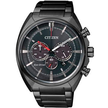 CITIZEN 星辰 Eco-Drive 光動能 三眼計時腕錶(黑/45mm) CA4285-50H