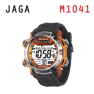 JAGA 捷卡 M1041-AI 抗震帥氣運動多功能電子錶-黑橙