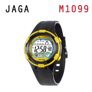 JAGA M1099-AK繽紛耀眼多彩多功能電子錶-黑黃