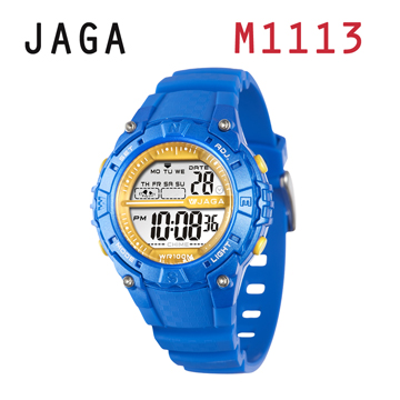 JAGA 捷卡 M1113-E 動感亮眼時尚 多功能電子錶-藍色