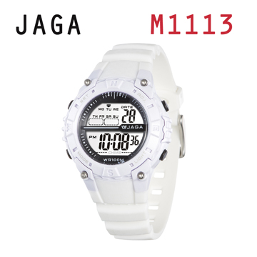 JAGA 捷卡 M1113-D 動感亮眼時尚 多功能電子錶-白色