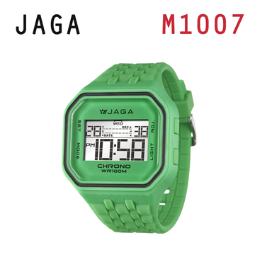 JAGA 捷卡 M1007-F 方形時尚休閒錶 多功能電子錶-綠