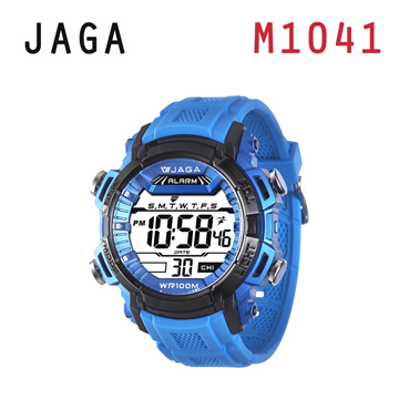 JAGA 捷卡 M1041-E 抗震帥氣運動多功能電子錶-藍色