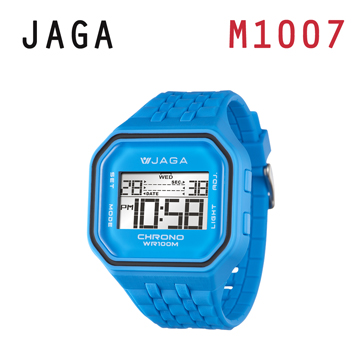 JAGA 捷卡 M1007-E 方形時尚休閒錶 多功能電子錶-藍