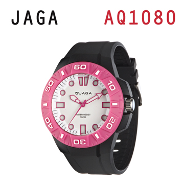 JAGA AQ1080-AG 亮彩冷光防水指針錶-黑粉