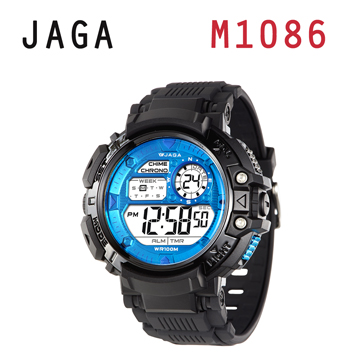 JAGA 捷卡 M1086-AE 時尚休閒運動 多功能電子錶-黑藍