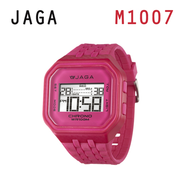 JAGA 捷卡 M1007-G 方形時尚休閒錶 多功能電子錶-粉