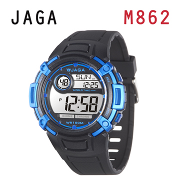 JAGA M862-AE 熱活動能運動家多功能電子錶-黑藍