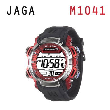 JAGA 捷卡 M1041-AG 抗震帥氣運動多功能電子錶-黑紅