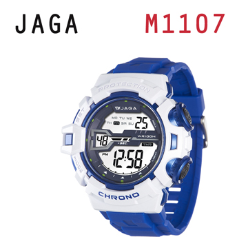 JAGA 捷卡 M1107-ED 鋼鐵戰士 多功能電子錶-藍白
