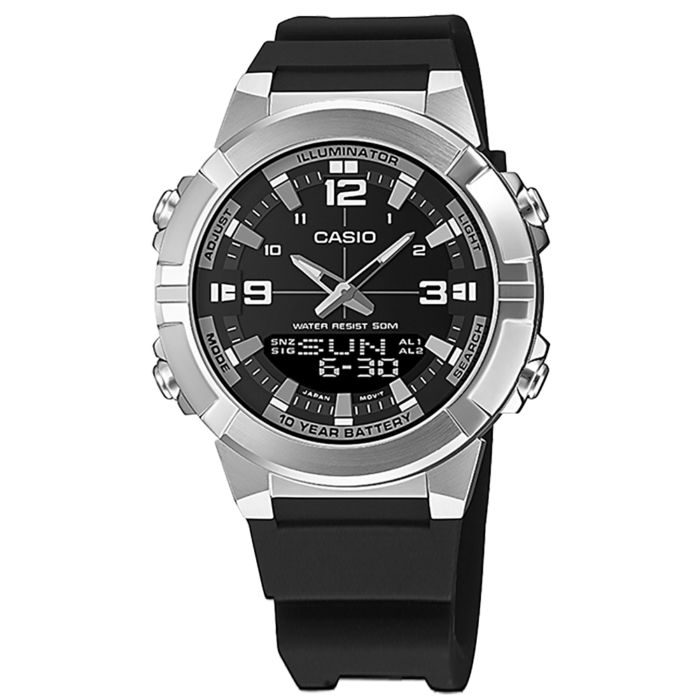 CASIO / AMW-870-1A / 卡西歐 粗曠雙顯 世界時間 計時碼錶 橡膠手錶 黑x銀 44mm