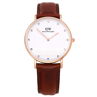 【DW Daniel Wellington】施華洛世奇水晶皮革腕錶-金框/34mm(0950DW)