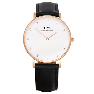 【Daniel Wellington】施華洛世奇水晶黑色皮革腕錶-金框/34mm(0951DW)